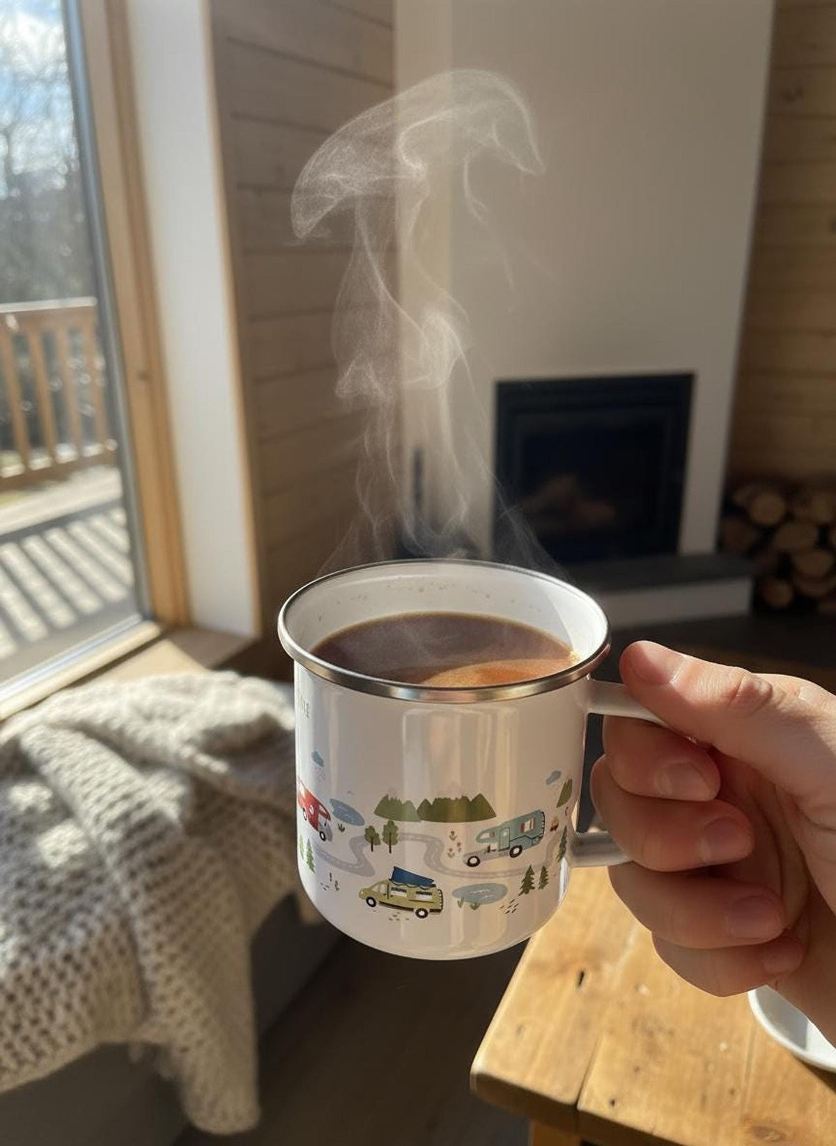 A hand holds a steaming hot beverage inside the camper-illustrated enamel mug near a sunlit window with a fireplace in the background.