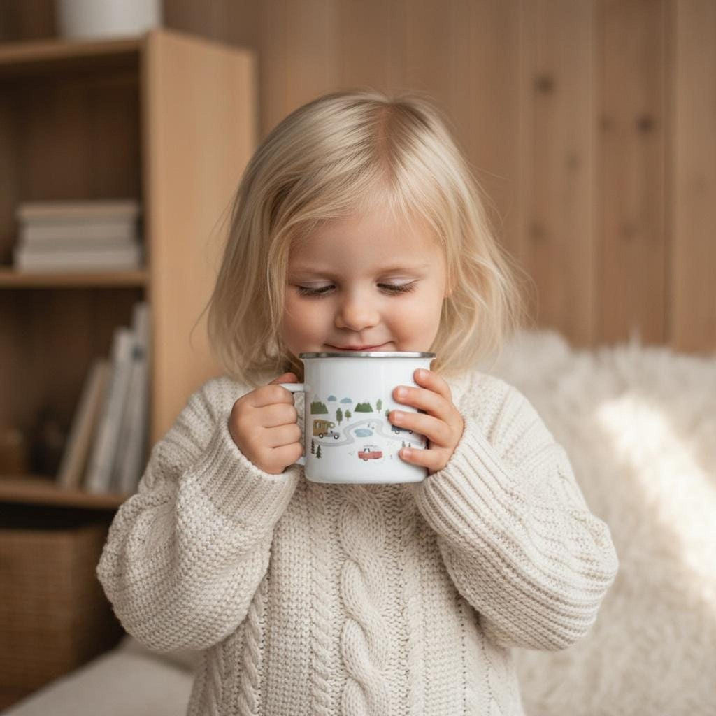 A young blonde child wearing a cream sweater holds the camping mug close to their face with a wooden interior background.