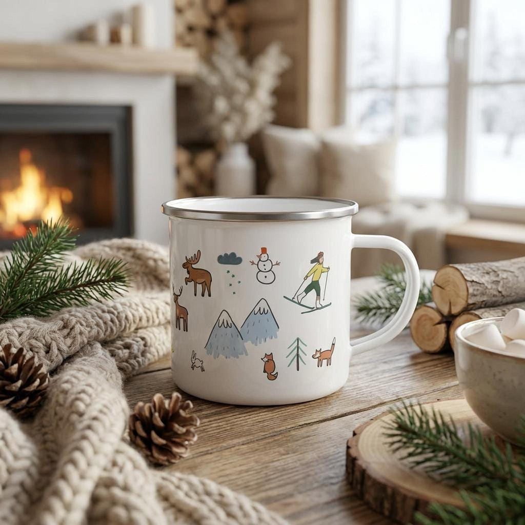 The white enamel camp mug sits on a wooden tabletop beside a cozy fireplace scene with a knitted cream throw blanket, pinecones, and pine branches.