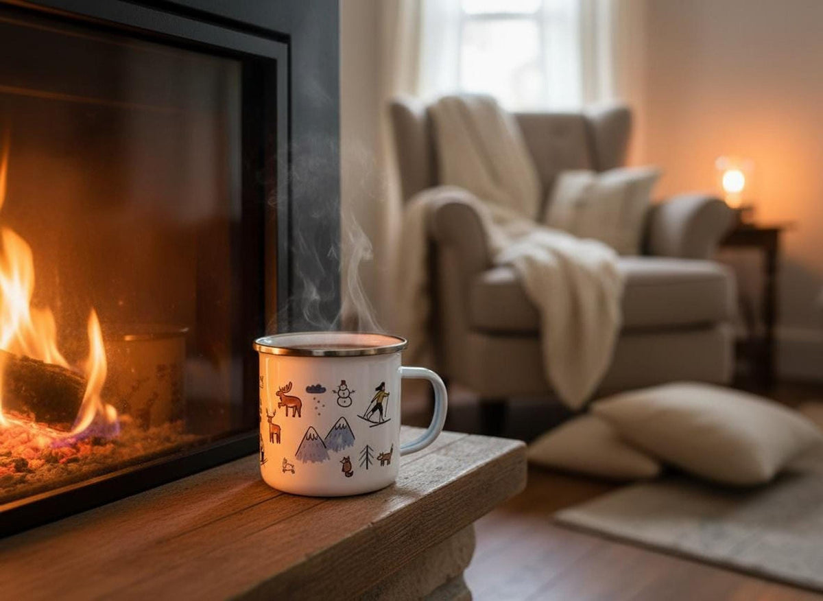 A steaming white enamel mug with a winter illustration rests on a stone hearth beside a warm, glowing fireplace in a cozy room.