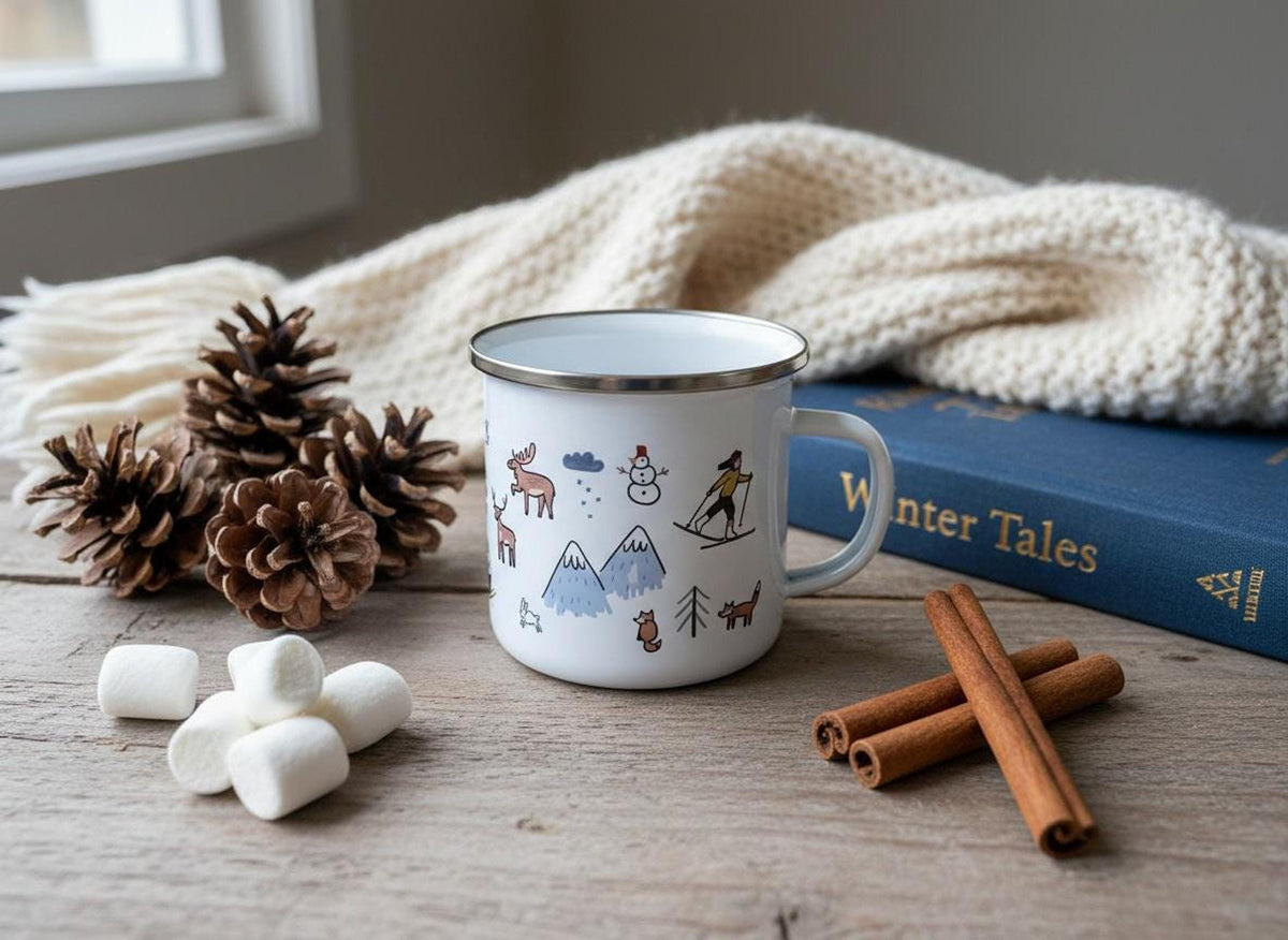 The white enamel camp mug sits on a wooden surface with a blue book titled Winter Tales, pinecones, marshmallows, and cinnamon sticks.