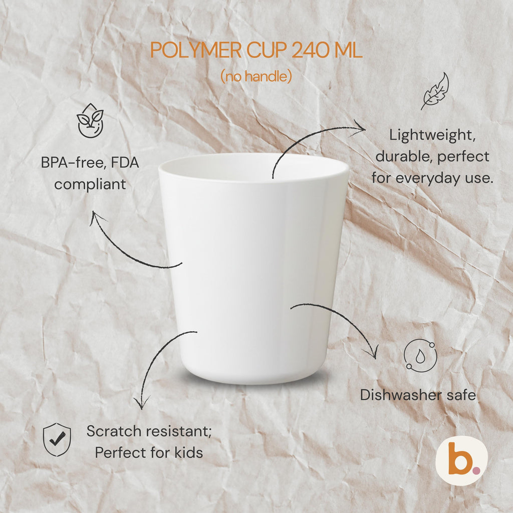An infographic showing a plain white polymer cup on a wrinkled brown paper background, with arrows pointing to feature callouts including BPA-free, lightweight, dishwasher safe, and scratch resistant.