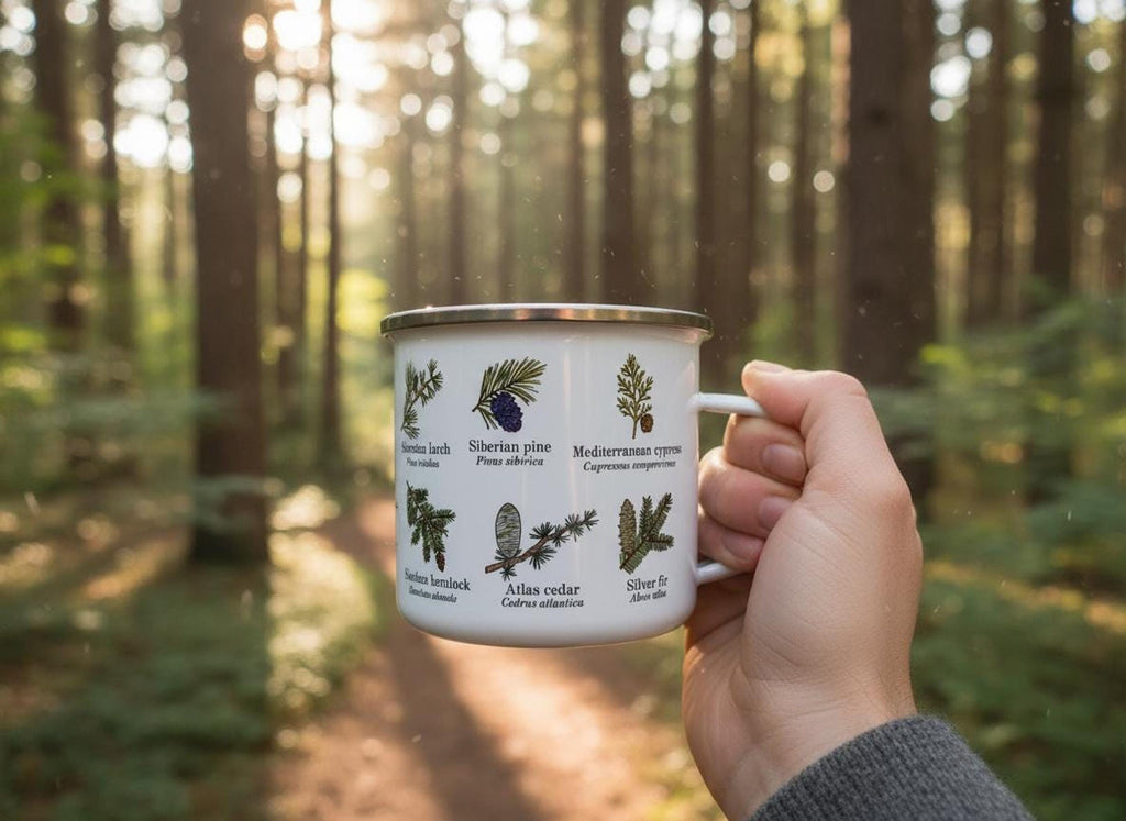 A person holds up the conifer species mug outdoors with a sunny pine forest in the background.