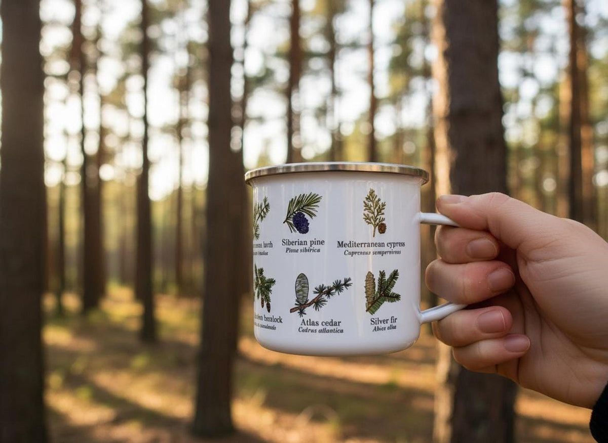 A hand holds the white mug in a forested setting, showcasing illustrations of Siberian pine and Mediterranean cypress.