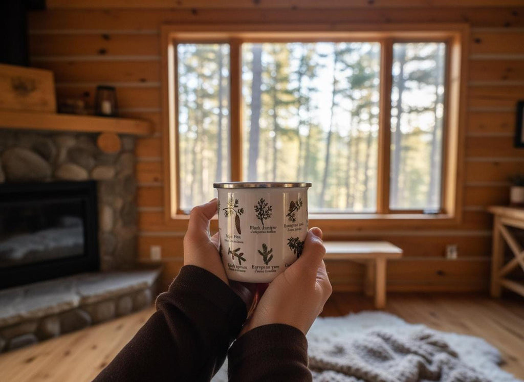 A person holds a white conifer mug inside a cozy wooden cabin with a fireplace and large windows looking out at trees.