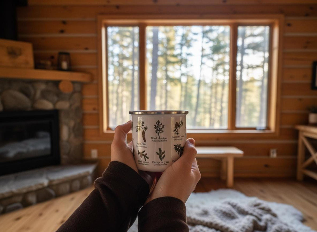 A person holds a white conifer mug inside a cozy wooden cabin with a fireplace and large windows looking out at trees.