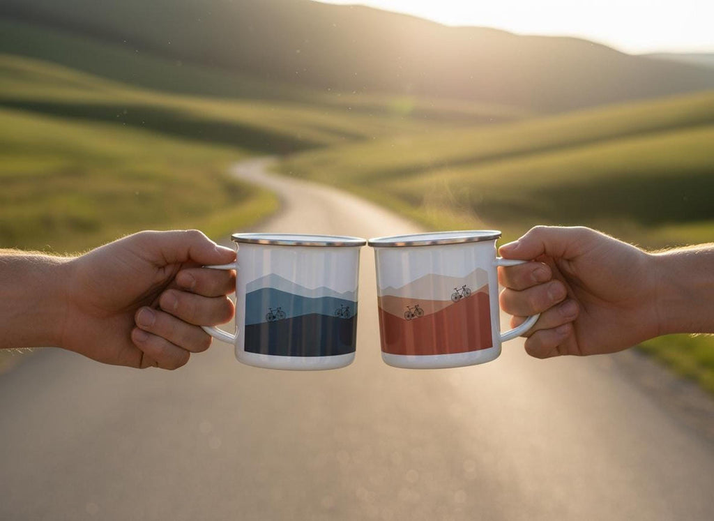Two hands holding up two different mountain and bicycle designed enamel mugs on a paved road with hills in the background.