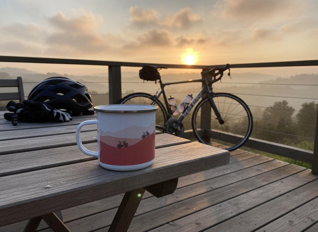 A white enamel mug with a red and pink mountain and bicycle graphic sitting on an outdoor wooden table with a bicycle and helmet in the background.