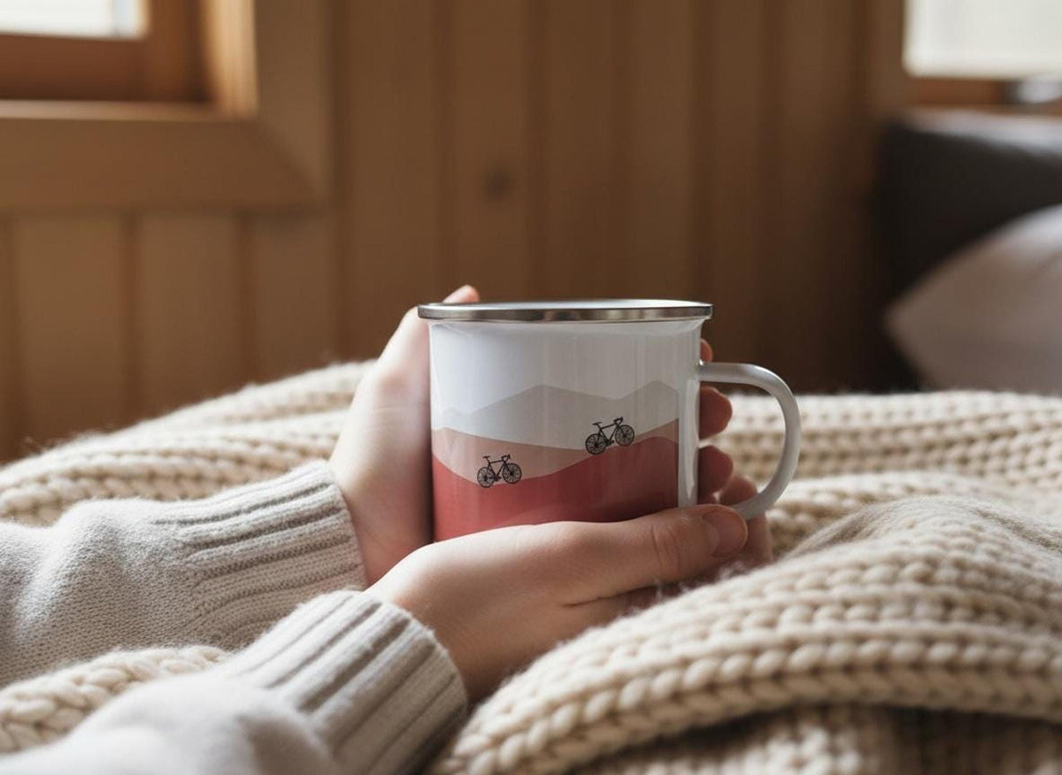 A person wearing a cream sweater holding a red-patterned enamel mug while wrapped in a blanket.