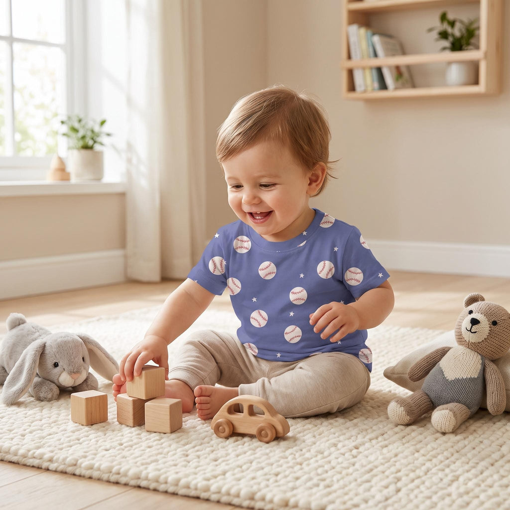 A short-sleeved blue t-shirt featuring a repeating pattern of white baseballs and small stars. The shirt has a crew neckline and is worn with light-coloured trousers. The fabric displays a consistent print of sports-themed graphics.