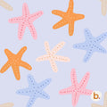 A repeating pattern of starfish in shades of pink, orange, light blue, and cream against a light lavender background. Each starfish features a dotted texture along its five arms, creating a consistent and colourful marine-themed design.