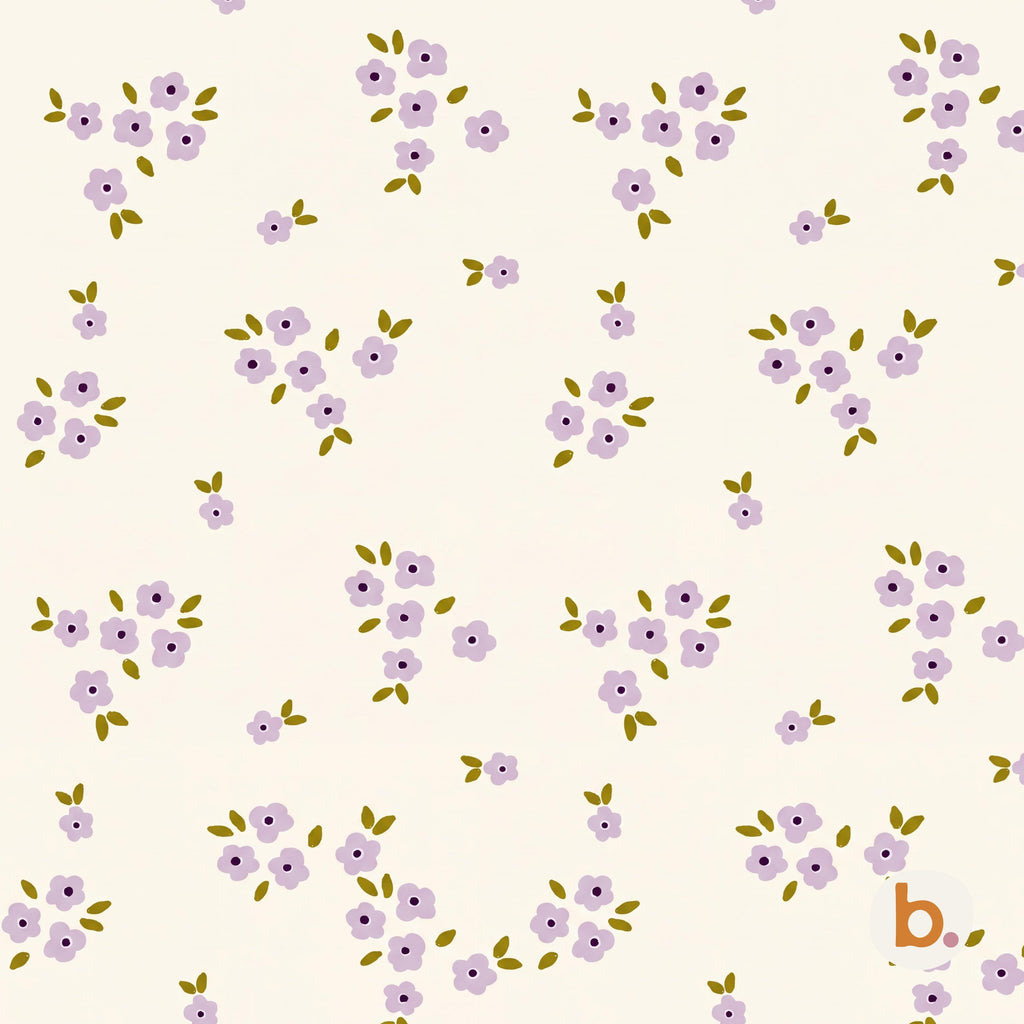 A repeating pattern on a cream background featuring small clusters of light purple flowers with dark purple centres and olive green leaves. The design is evenly spaced across the surface, with a small lowercase letter b in the corner.