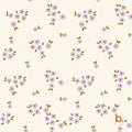 A repeating pattern on a cream background featuring small clusters of light purple flowers with dark purple centres and olive green leaves. The design is evenly spaced across the surface, with a small lowercase letter b in the corner.