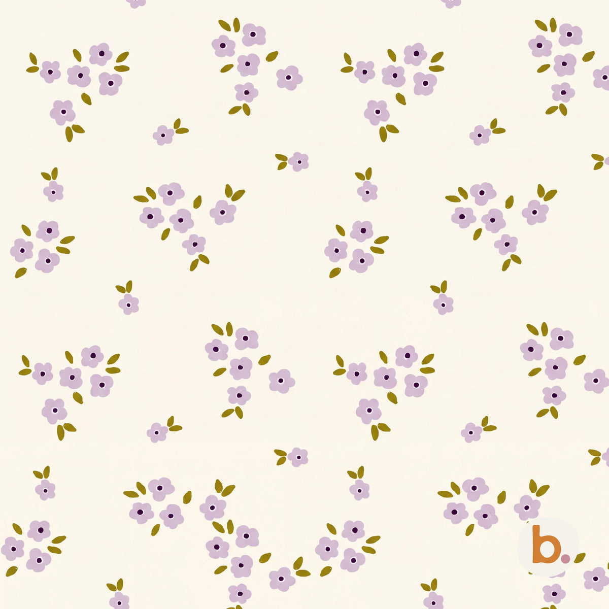 A repeating pattern on a cream background featuring small clusters of light purple flowers with dark purple centres and olive green leaves. The design is evenly spaced across the surface, with a small lowercase letter b in the corner.