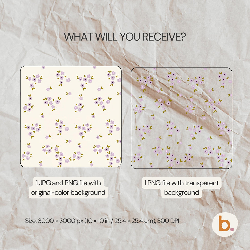A digital file set featuring a repeating pattern of small purple flowers with green leaves. Includes one JPG and one PNG with an original-colour background, and one PNG with a transparent background. Size: 3000 x 3000 px, 25.4 x 25.4 cm.