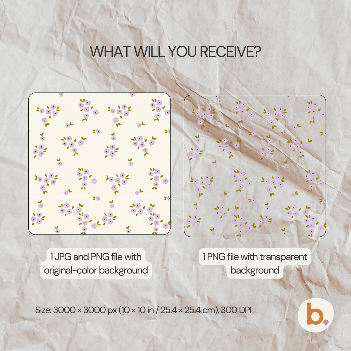 A digital file set featuring a repeating pattern of small purple flowers with green leaves. Includes one JPG and one PNG with an original-colour background, and one PNG with a transparent background. Size: 3000 x 3000 px, 25.4 x 25.4 cm.