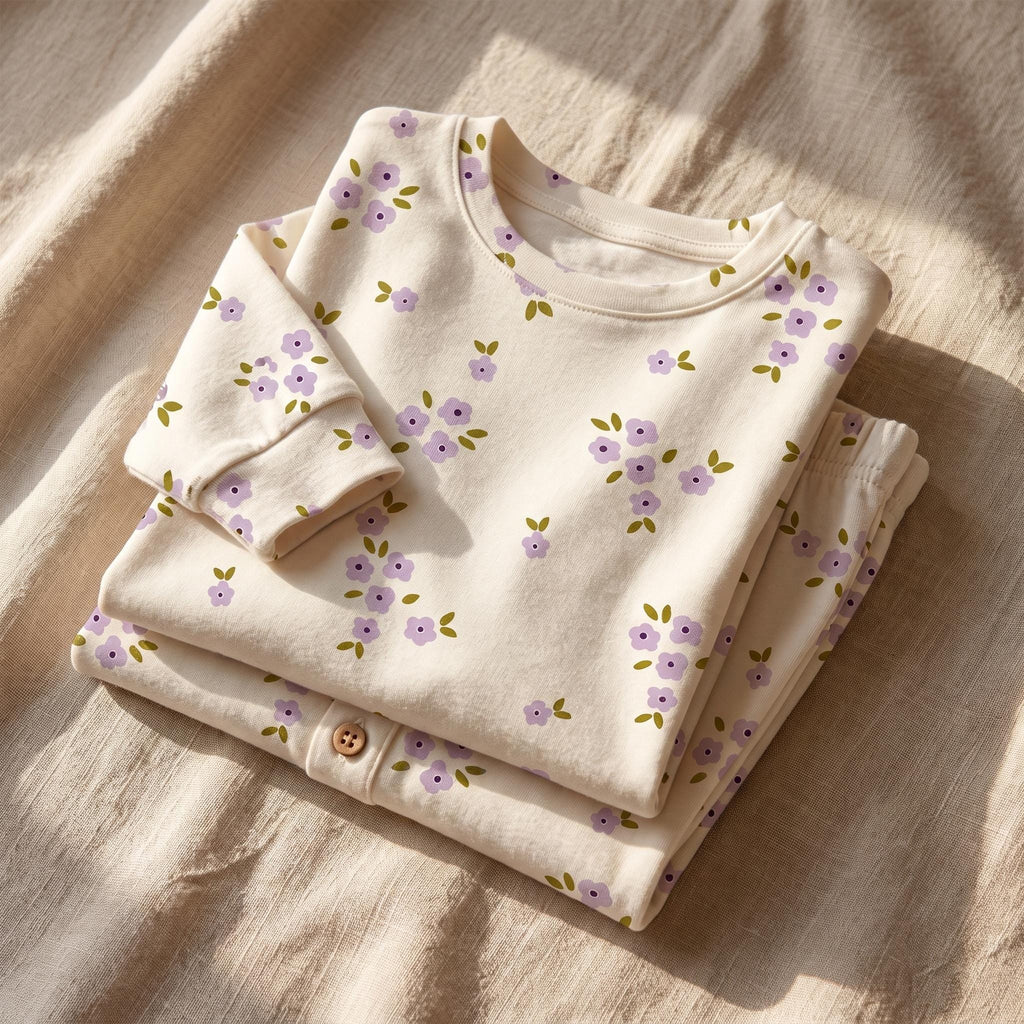 A cream-coloured long-sleeve shirt and matching trousers set featuring a repeating pattern of small light purple flowers with green leaves. The shirt has a crew neckline and the trousers feature a single visible wooden button at the waist.
