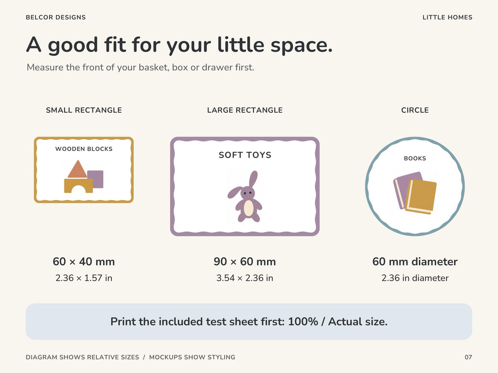 Label size guide using wooden blocks, soft toys and books: small rectangles 60 by 40 mm, large rectangles 90 by 60 mm, and circles 60 mm in diameter. Print the test sheet at 100 percent.