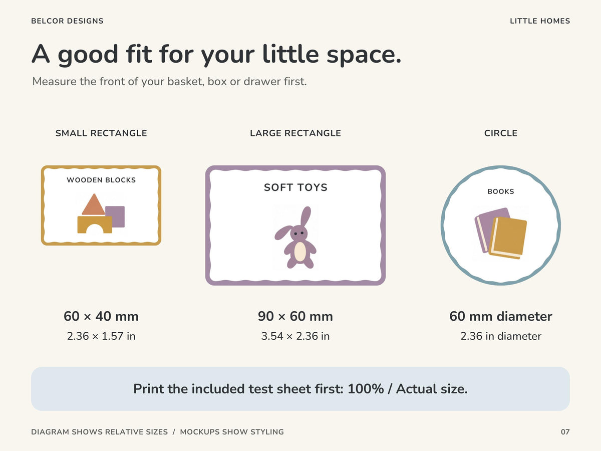 Label size guide using wooden blocks, soft toys and books: small rectangles 60 by 40 mm, large rectangles 90 by 60 mm, and circles 60 mm in diameter. Print the test sheet at 100 percent.