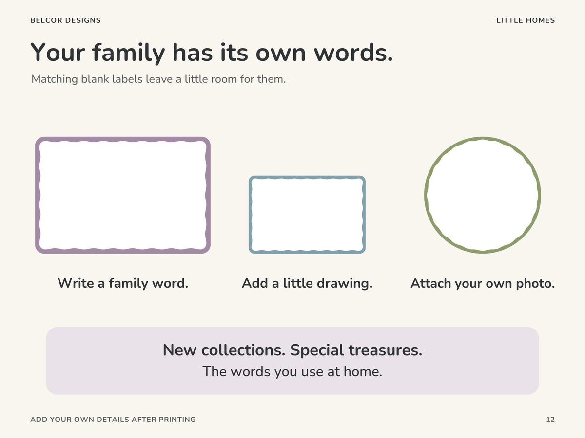 Matching blank labels with mauve, blue and moss wavy frames. Write a family word, add a drawing or attach a small photograph after printing.