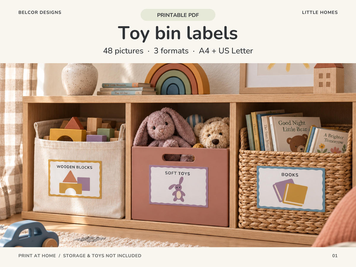 Little Homes printable toy labels on a warm oak playroom shelf. Linen, clay and wicker storage hold wooden blocks, soft toys and books, with matching illustrated wavy-frame labels.