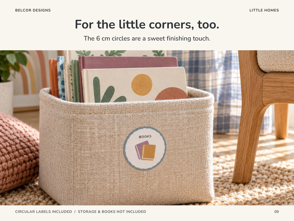 A circular BOOKS picture label on a linen basket of picture books beside an oak child chair and blue gingham curtain. A cosy Scandinavian reading corner.
