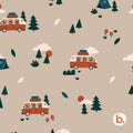 A light beige fabric featuring a repeating pattern of orange camper vans with luggage on the roof, driven by brown bears. The design includes dark green pine trees, blue tents, white clouds, orange suns, red mushrooms, and small leaves.