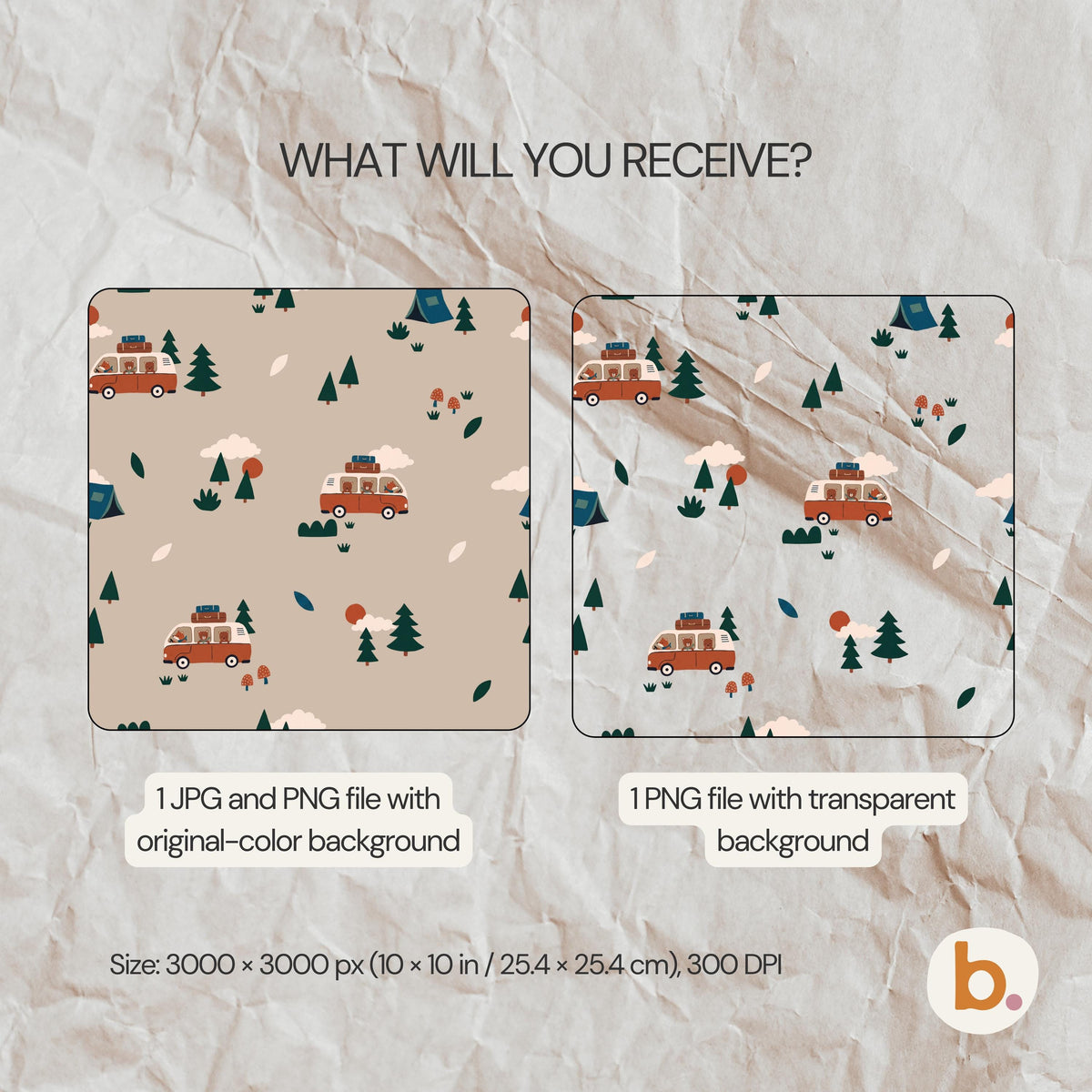 A digital pattern featuring orange camper vans, green pine trees, and small clouds on a beige background. The text reads: WHAT WILL YOU RECEIVE? 1 JPG and PNG file with original-colour background, 1 PNG file with transparent background. Size: 3000 x 3000 px (25.4 x 25.4 cm), 300 DPI.