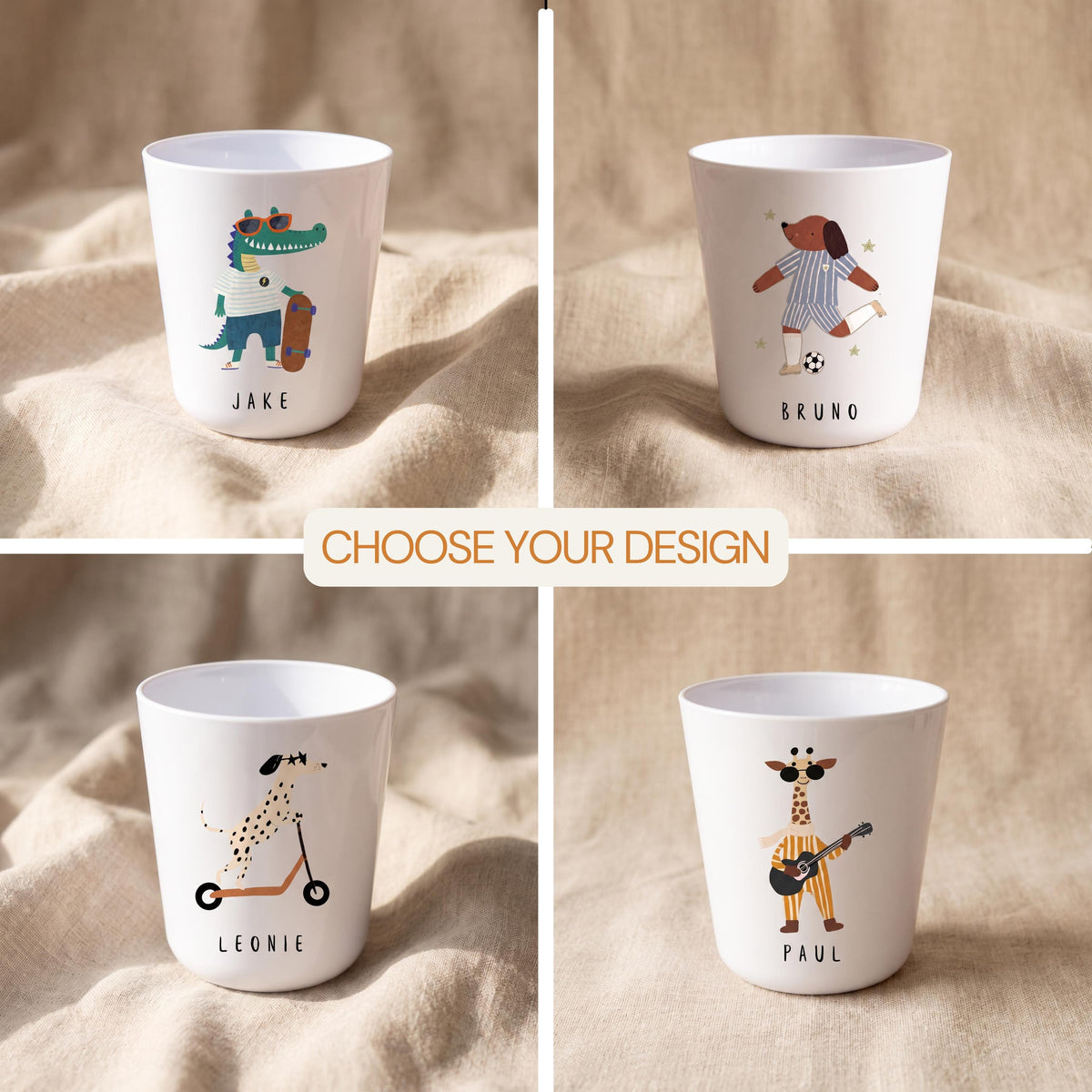Four white plastic cups featuring animal illustrations and names. Top left: a crocodile named JAKE with a skateboard. Top right: a dog named BRUNO playing football. Bottom left: a dog named LEONIE on a scooter. Bottom right: a giraffe named PAUL playing a guitar.