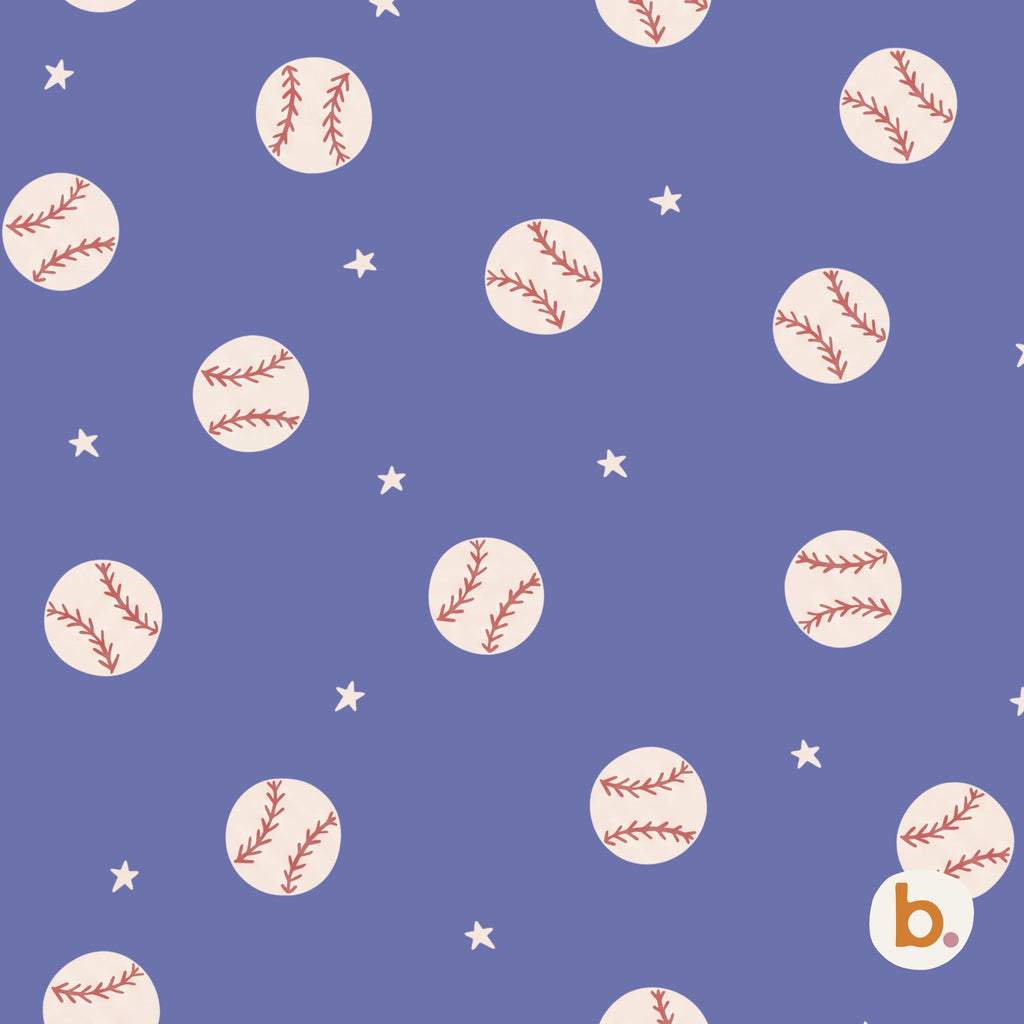 A repeating pattern on a periwinkle blue background featuring off-white baseballs with red stitching and small white five-pointed stars scattered throughout. A small circular logo with the letter b is in the bottom right corner.