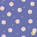 A repeating pattern on a periwinkle blue background featuring off-white baseballs with red stitching and small white five-pointed stars scattered throughout. A small circular logo with the letter b is in the bottom right corner.