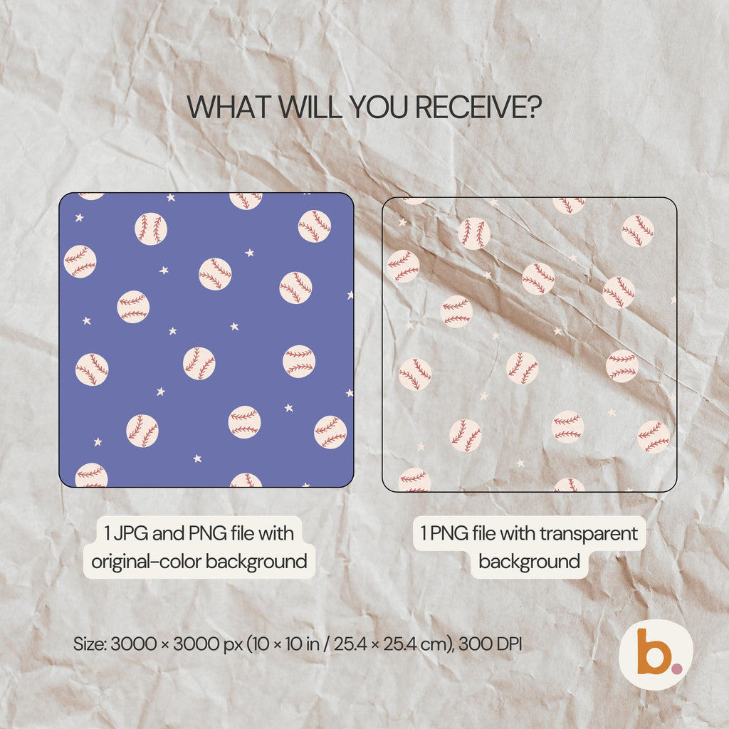 Digital graphic files featuring a repeating baseball and star pattern. Includes one JPG and one PNG with a blue background, and one PNG with a transparent background. Text reads: WHAT WILL YOU RECEIVE? Size: 3000 x 3000 px (25.4 x 25.4 cm).