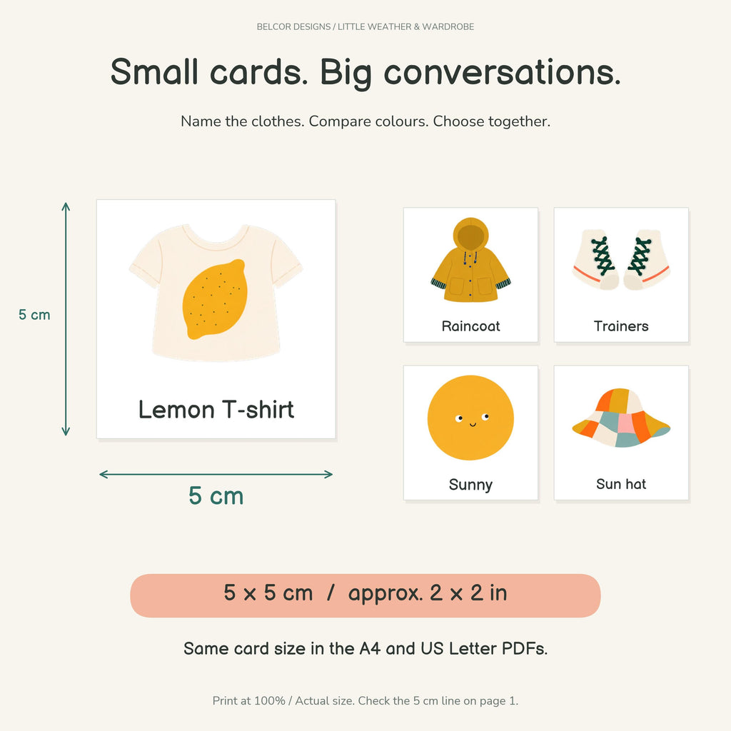 A set of educational cards titled Small cards. Big conversations. featuring illustrations of a lemon t-shirt, raincoat, trainers, sunny face, and sun hat. Each card measures 5 cm by 5 cm, or approximately 2 by 2 inches, as indicated.