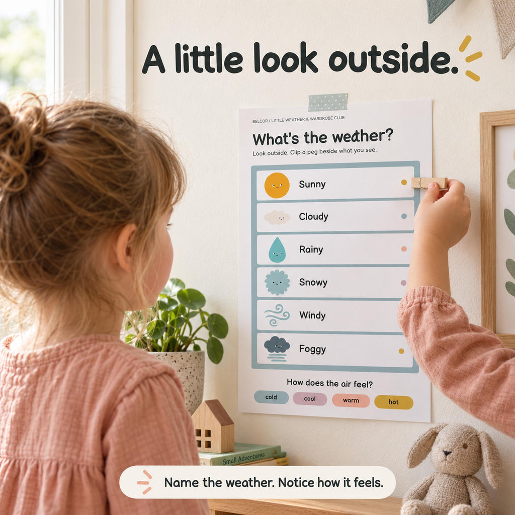 A white educational weather chart titled What's the weather? featuring icons for sunny, cloudy, rainy, snowy, windy, and foggy conditions. The chart includes a section labelled How does the air feel? with colour-coded options for cold, cool, warm, and hot.