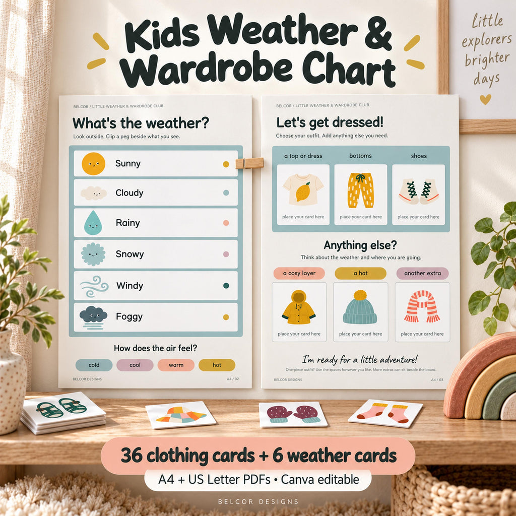 A Kids Weather & Wardrobe Chart set featuring two white posters with illustrations of weather conditions and clothing items. The charts include text prompts like What's the weather and Let's get dressed, accompanied by 36 clothing cards and 6 weather cards for interactive daily planning.