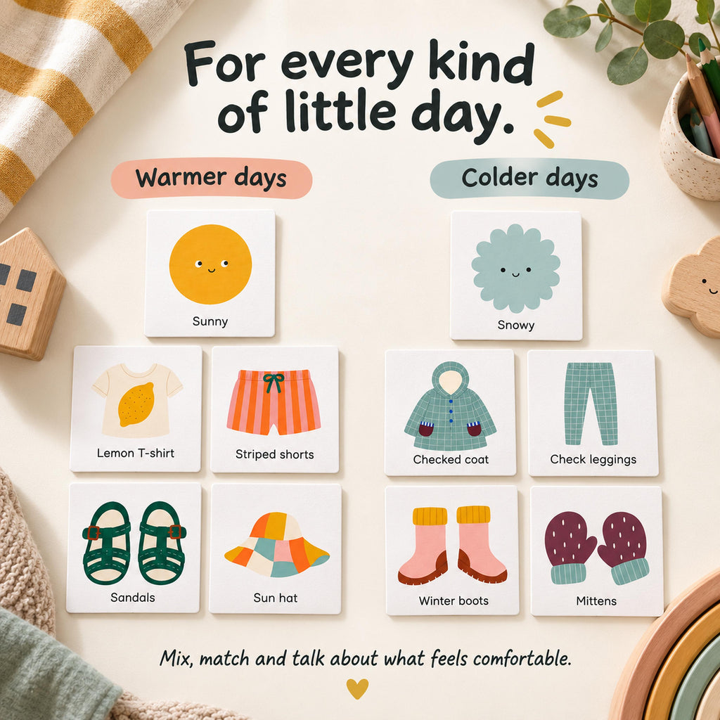 A set of educational cards titled For every kind of little day, featuring illustrations of weather and clothing. Cards show a sunny icon, lemon t-shirt, striped shorts, sandals, sun hat, snowy icon, checked coat, leggings, boots, and mittens.