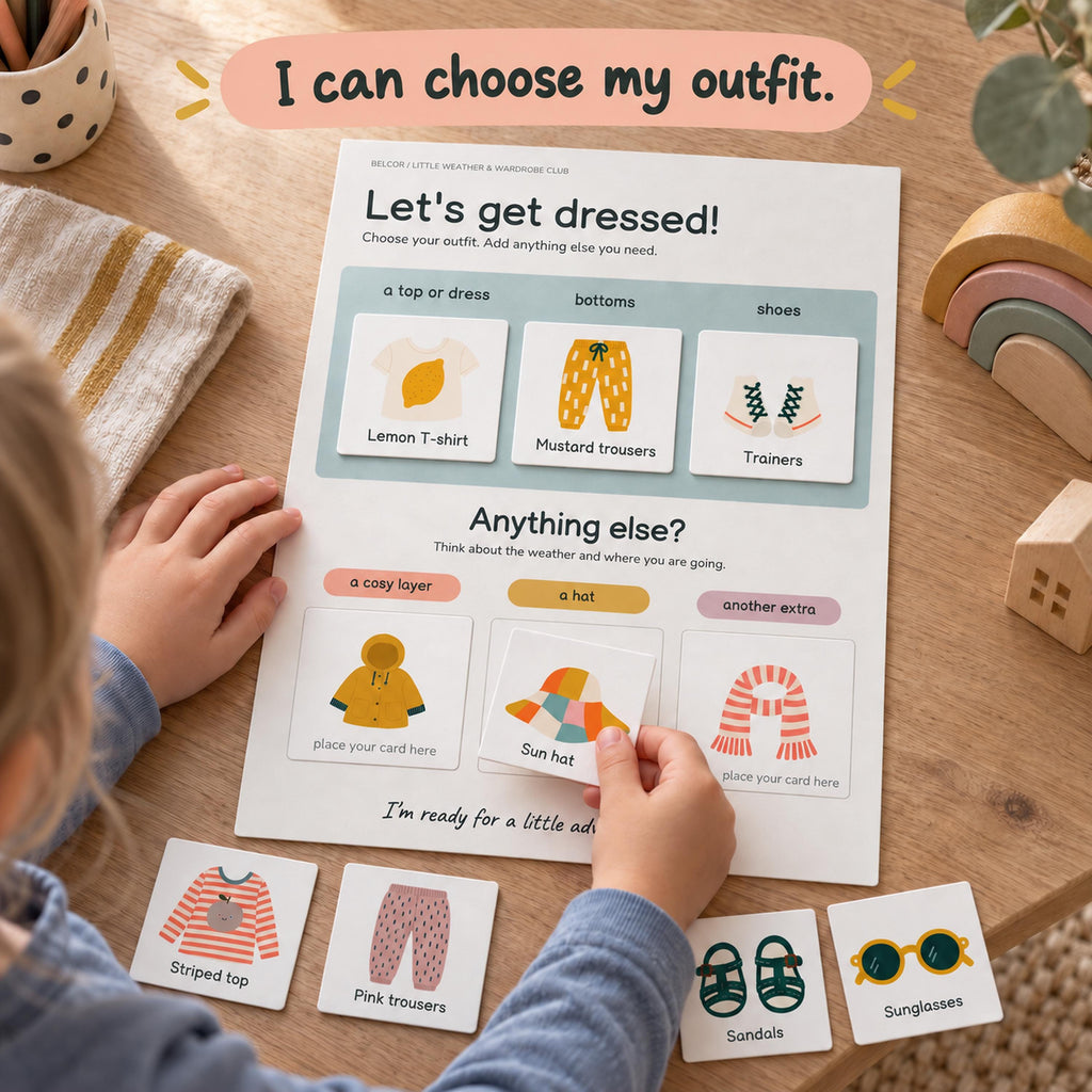 A white educational activity sheet titled Let's get dressed! with sections for choosing a top, bottoms, shoes, and accessories. The sheet features illustrated cards for items like a lemon T-shirt, mustard trousers, and a sun hat.