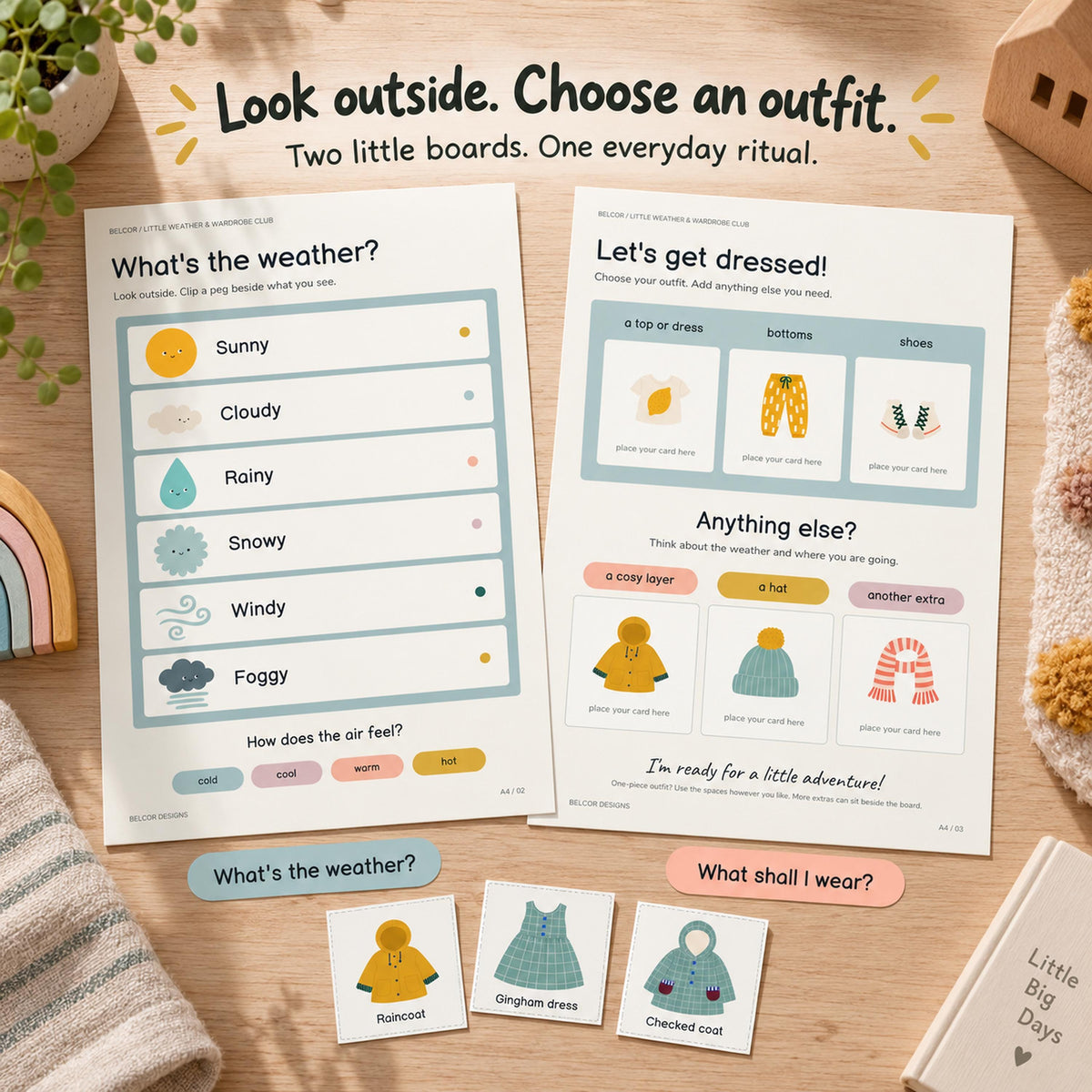 Two educational activity boards titled Look outside. Choose an outfit. One board features a weather tracking list with icons for sunny, cloudy, rainy, snowy, windy, and foggy conditions. The second board displays clothing categories.