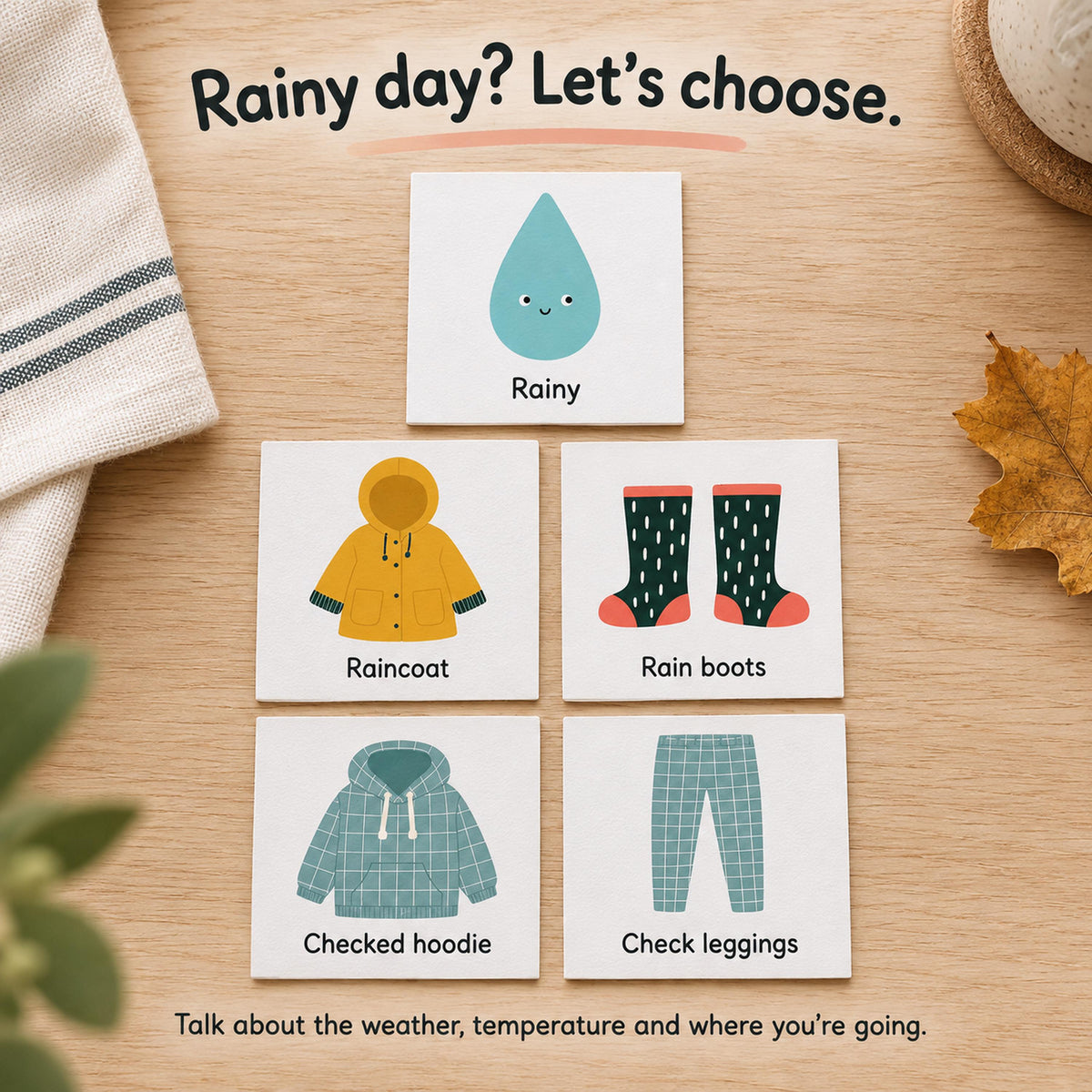 Five square cards with illustrations and text: a blue raindrop labelled Rainy, a yellow raincoat, dark green rain boots with red accents, a blue checked hoodie, and blue checked leggings. The text Rainy day? Let's choose. is at the top.