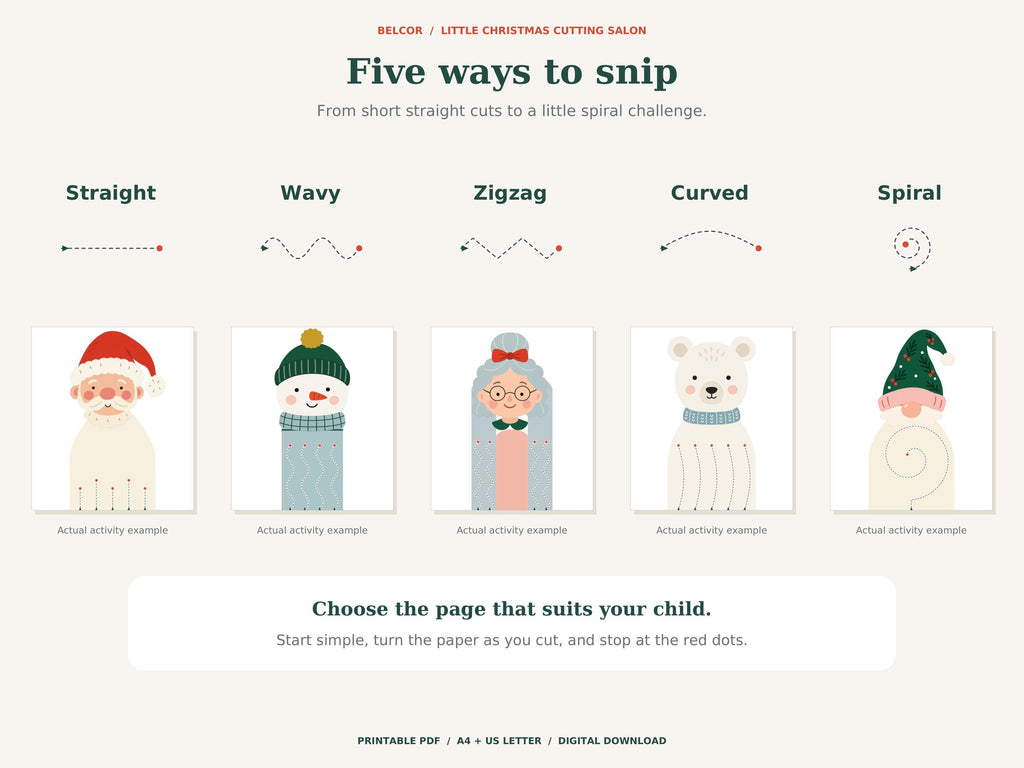 Five scissor-practice line types shown with actual activity examples: straight, wavy, zigzag, curved and spiral.