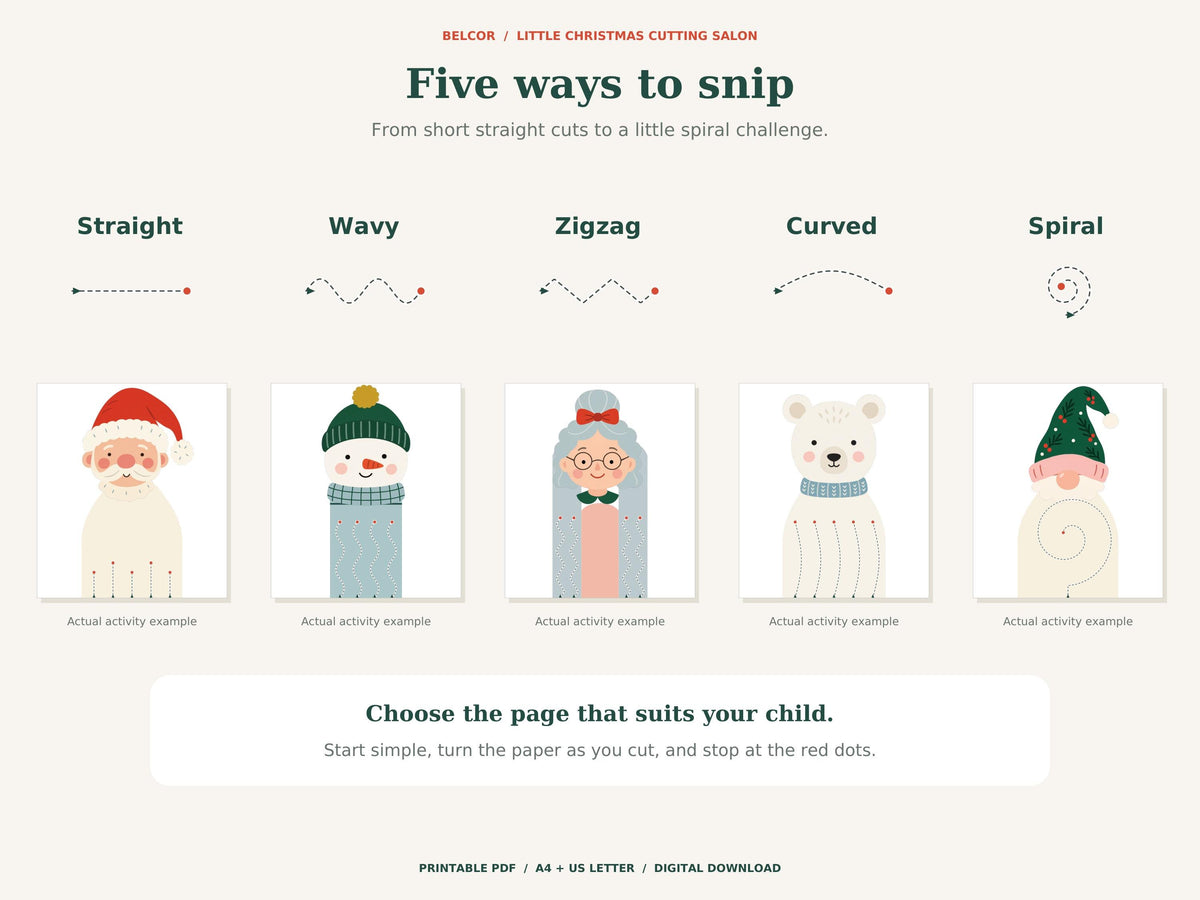 Five scissor-practice line types shown with actual activity examples: straight, wavy, zigzag, curved and spiral.