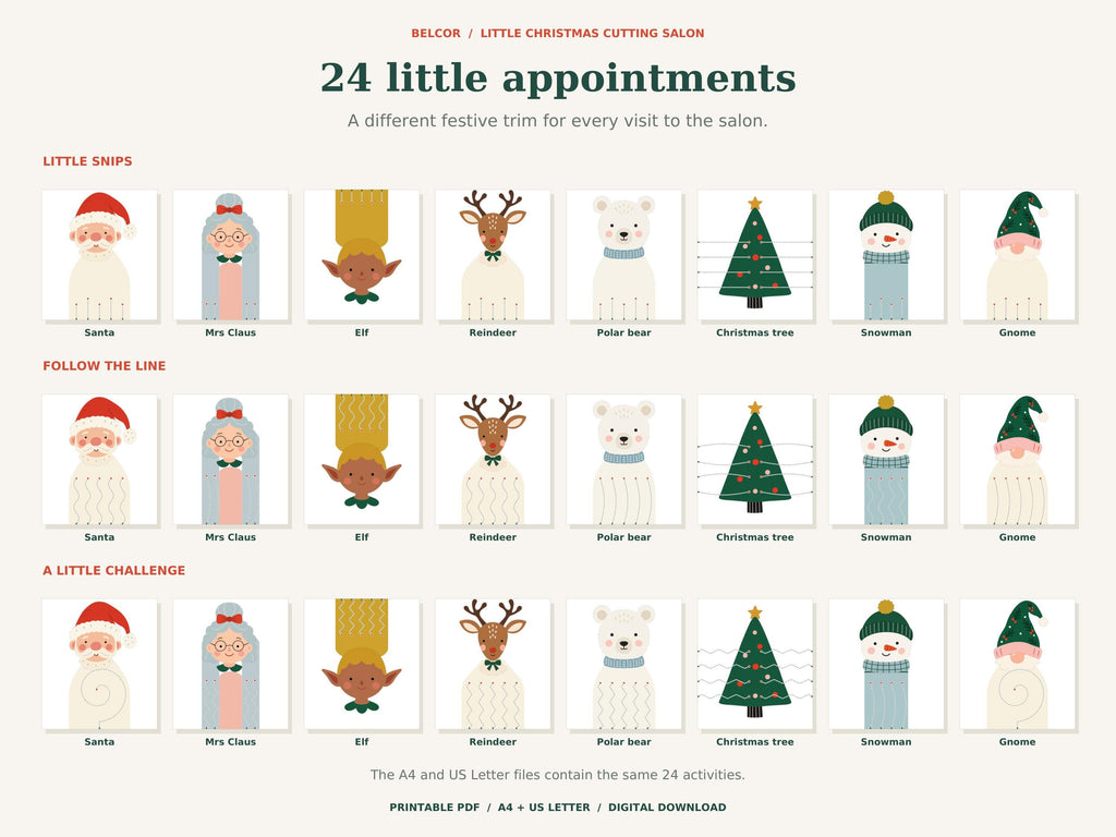 A printable activity sheet titled 24 little appointments featuring three rows of eight festive characters including Santa, Mrs. Claus, an elf, a reindeer, a polar bear, a Christmas tree, a snowman, and a gnome for cutting practice.