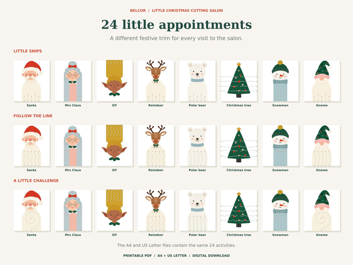 A printable activity sheet titled 24 little appointments featuring three rows of eight festive characters including Santa, Mrs. Claus, an elf, a reindeer, a polar bear, a Christmas tree, a snowman, and a gnome for cutting practice.