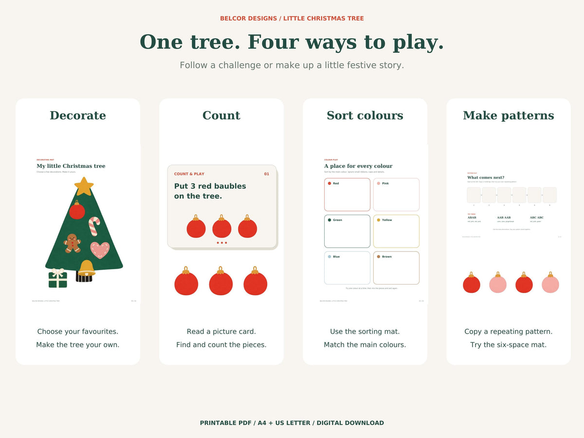 Four ways to play with the Christmas tree kit: decorate freely, count decorations, sort colours and copy patterns.