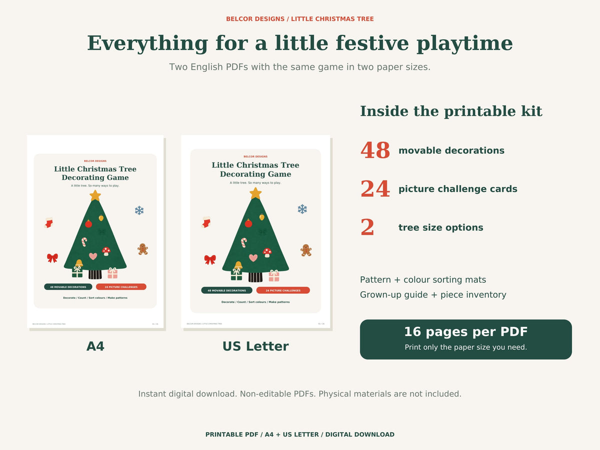 Two English printable PDFs in A4 and US Letter, each with 16 pages containing 48 decorations, 24 challenge cards, two tree sizes, activity mats and instructions.