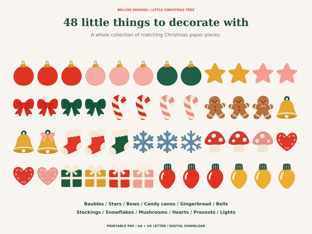 All 48 Christmas paper decorations, including baubles, stars, bows, candy canes, gingerbread, bells, stockings, snowflakes, mushrooms, hearts, presents and lights.