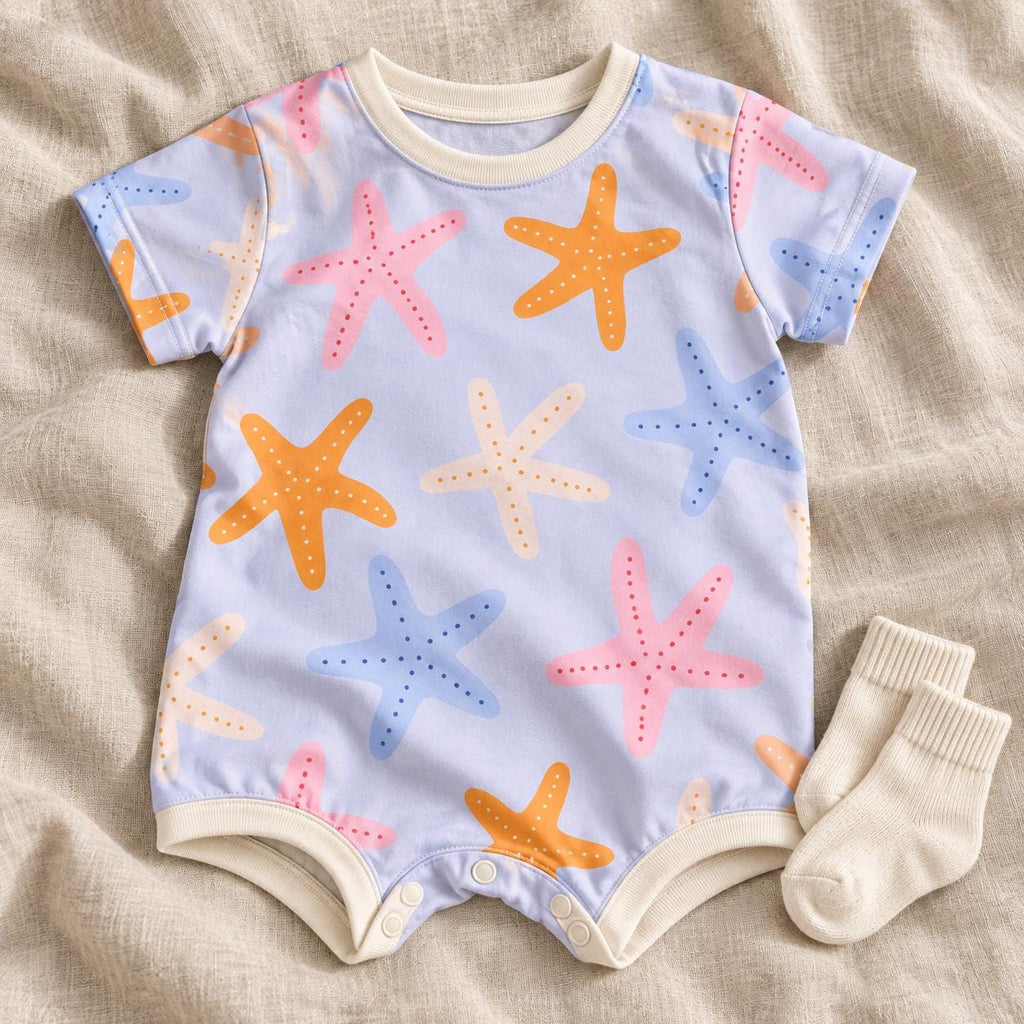 A light purple short-sleeved romper featuring a repeating pattern of orange, pink, and blue starfish. The garment has a cream-coloured crew neckline and leg openings with snap closures at the bottom, accompanied by a pair of cream-coloured socks.