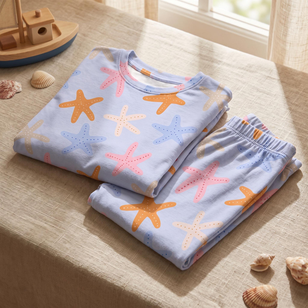 A light blue long-sleeve shirt and matching trousers set featuring an all-over print of starfish in shades of orange, pink, and light blue. The fabric has a smooth texture and the garments are folded neatly on a flat surface.