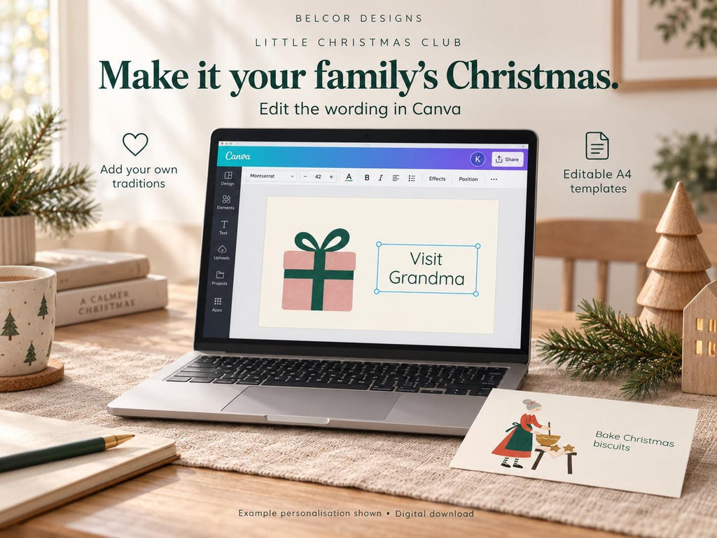 Example of editing a Christmas activity card in Canva, with the wording Visit Grandma selected beside a present illustration.
