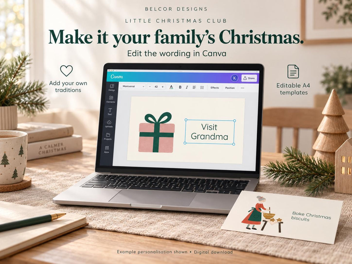 Example of editing a Christmas activity card in Canva, with the wording Visit Grandma selected beside a present illustration.